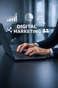 Digital marketing professional working on a laptop with SEO, analytics, growth charts, and digital marketing icons in the background.