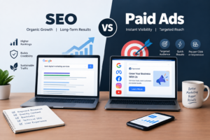 SEO vs. Paid Ads comparison showing organic growth, higher search rankings, targeted advertising, quick results, analytics, and digital marketing strategies on laptops and charts.
